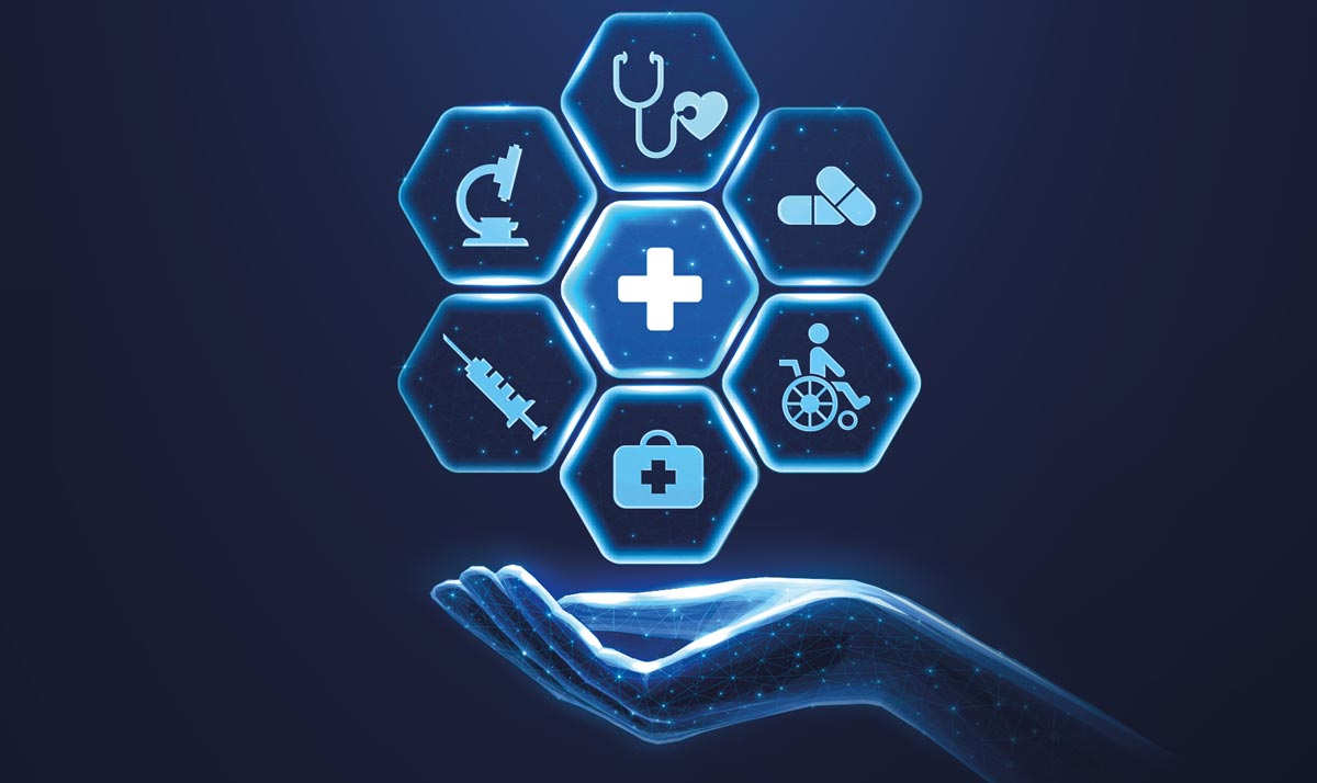 Medizinische Symbole in sechseckigen Formen rund um ein medizinisches Kreuz und eine haltende Hand