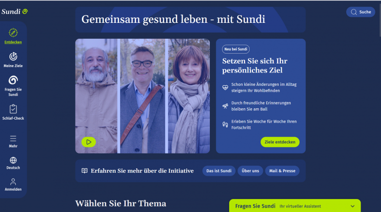 Startseite Webseite Sundi.de - Präventionsangebote mit chatbot KI